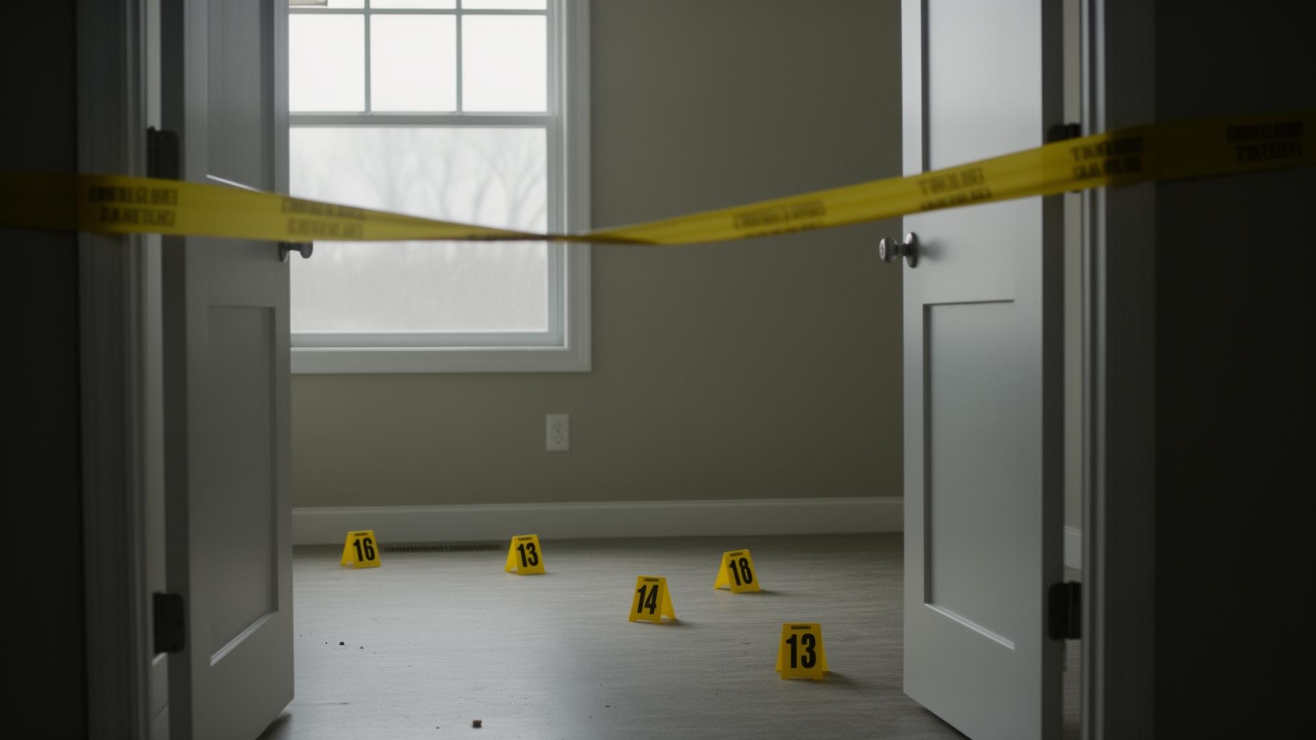 Empty room secured with yellow tape and numbered evidence markers awaiting cleanup