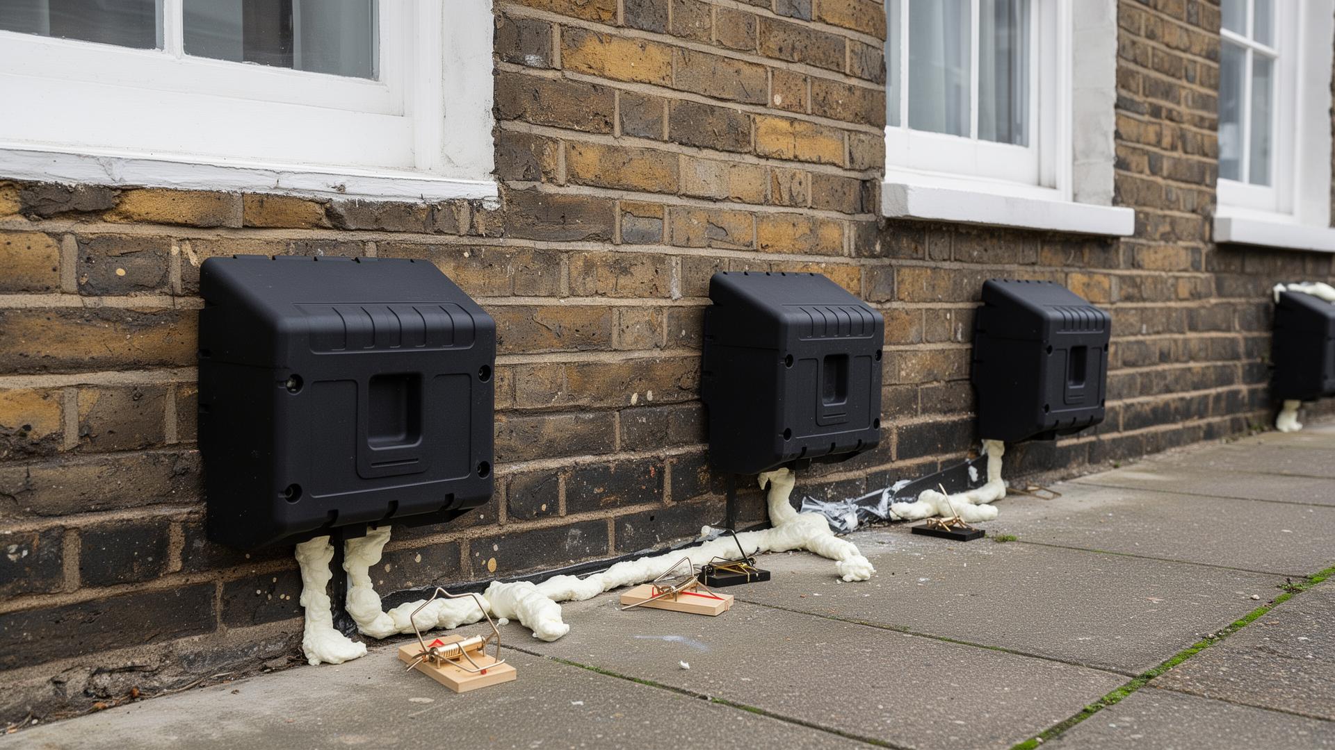 External rodent bait stations fixed along a brick wall with entry points sealed