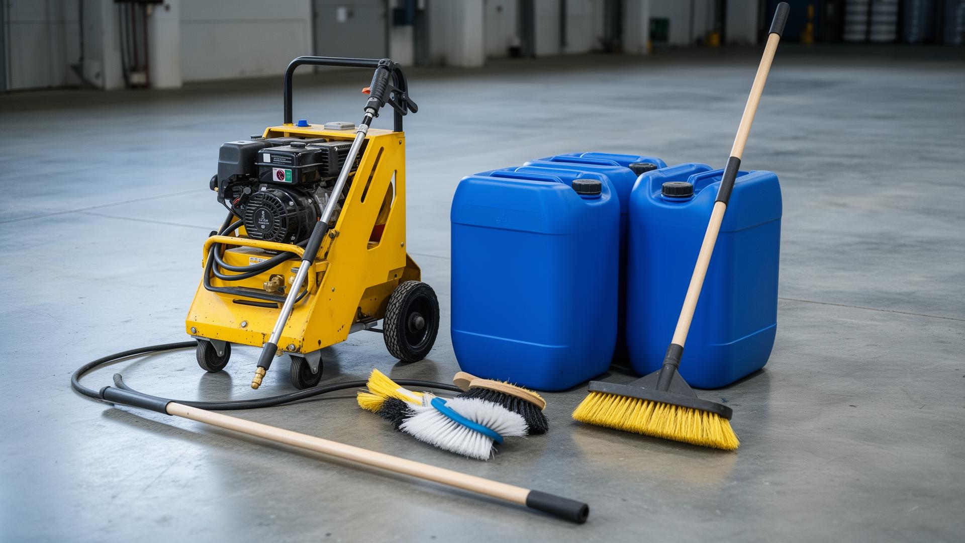 Industrial pressure washer, chemical drums and scrub brushes ready for an environmental cleaning job