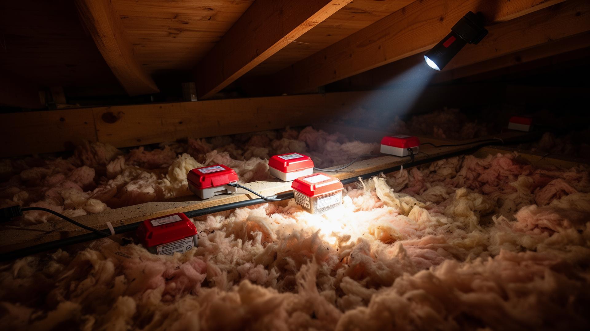 Pest control bait stations installed between the joists inside a residential loft
