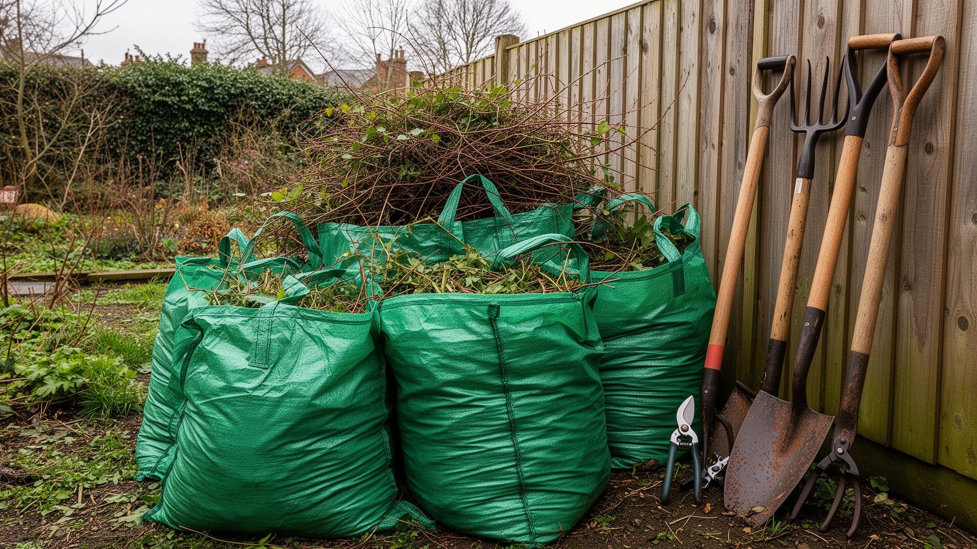 Bags of garden waste, brambles and hedge cuttings stacked beside a fence ready for collection