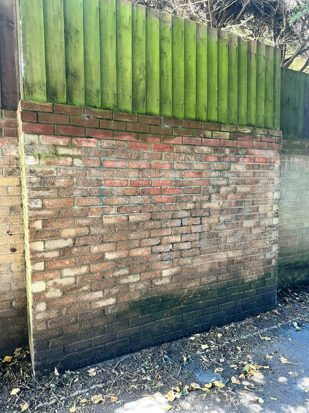 After cleaning: the same brick boundary wall restored with the black paint removed
