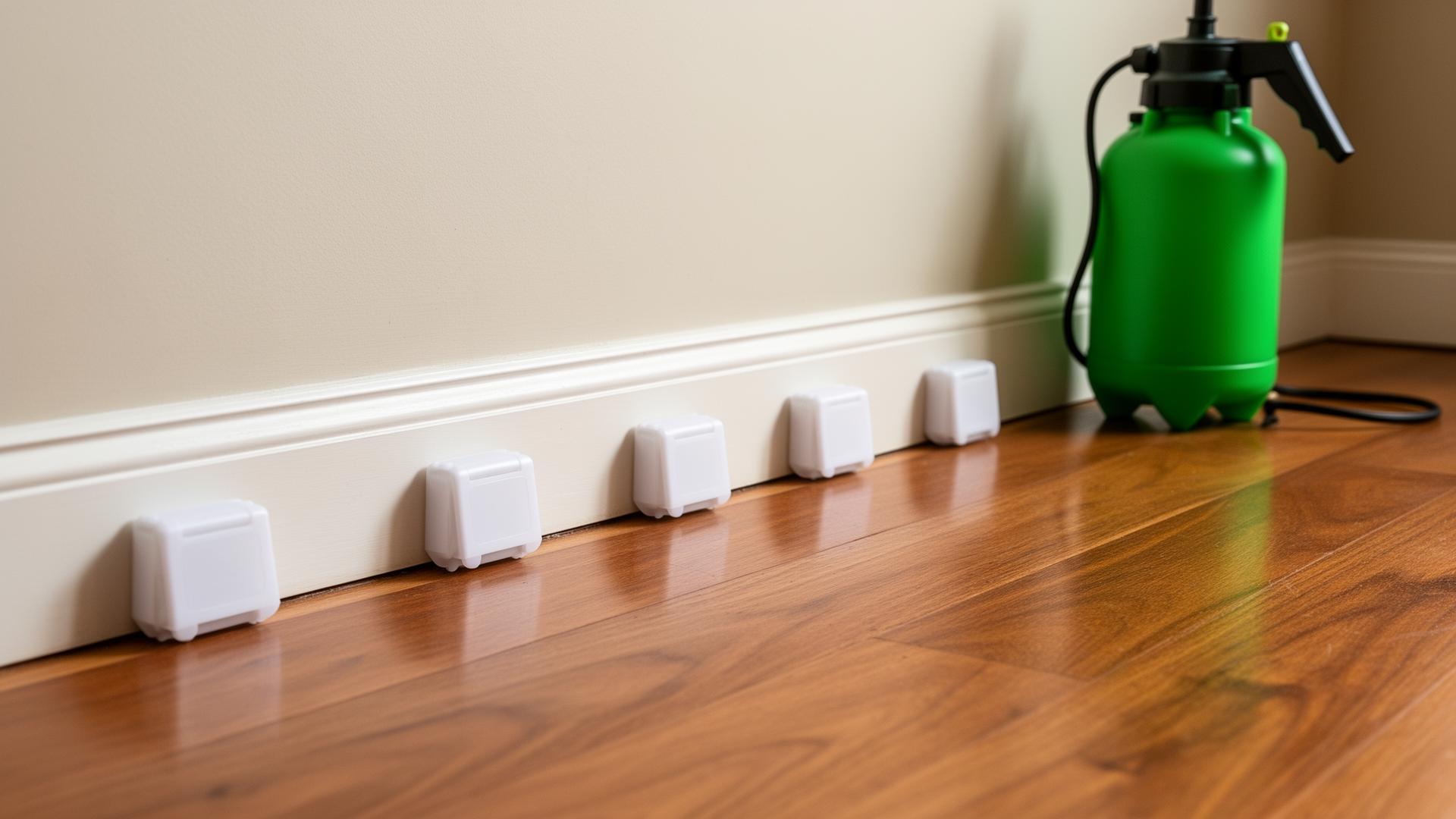 Insect bait stations placed along a domestic skirting board with a pressure sprayer ready